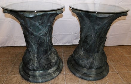 Pair of Faux Marble Painted Resin Pedestals with Bevel Glass Tops