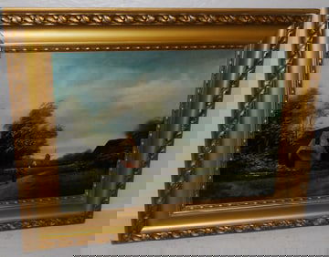 Antique Framed Oil on Board Dutch Farm Scene