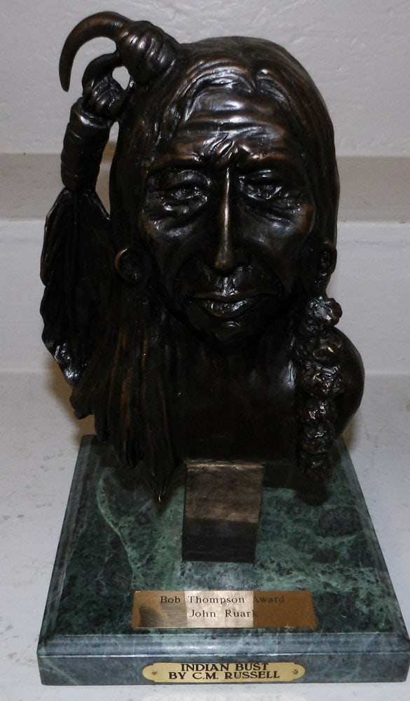 Bronze Native American Bust on Square Marble Base Labeled C. N. Russell (1 of 6)
