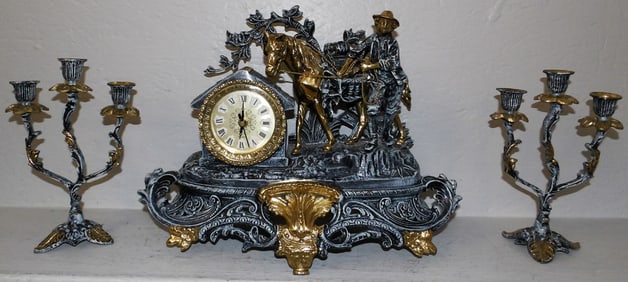 Painted Brass Three Piece Clock Garniture Set - Battery Operated