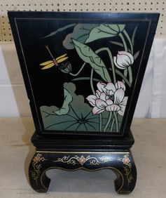 Oriental Black Lacquered Two Part Jardinière On Stand With Galvanized Liner
