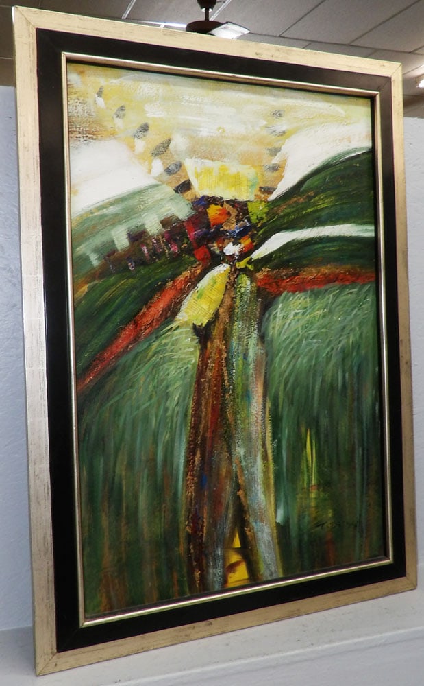 Mid Century Modern Abstract Oil On Canvas - Artist Signed: Mid Century Modern Abstract Oil On Canvas - Artist Signed. 42" X 30" ALL DESCRIPTIONS AND ANY CONDITION STATEMENT GIVEN BY LANGSTON AUCTION GALLERY ARE STRICTLY OPINIONS AND LANGSTON'S SHALL HAVE NO R