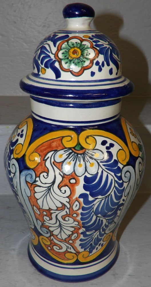 Polychrome Covered Urn: Polychrome Covered Urn. 13 1/2" H 7 1/4" Dia ALL DESCRIPTIONS AND ANY CONDITION STATEMENT GIVEN BY LANGSTON AUCTION GALLERY ARE STRICTLY OPINIONS AND LANGSTON'S SHALL HAVE NO RESPONSIBILITY FOR ERRORS