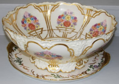 Large Hand Painted French Limoges Punch Bowl & Undertray