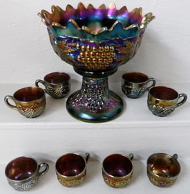 Antique Nine Piece Purple Carnival Glass Grape & Cable Punch Bowl & Cups Signed Northwood