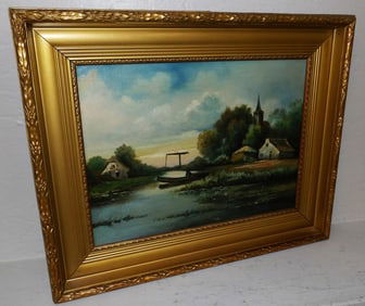 Antique Framed Oil On Canvas Farm Scene - Artist Signed