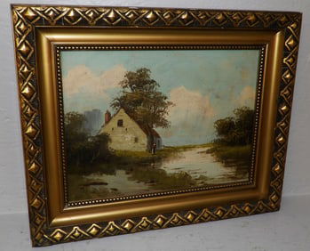 Antique Framed Oil On Board Lake And Farm Scene