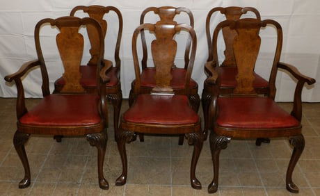 Set Six Walnut & Burl Walnut Queen Anne Dining Chairs With Leather Seats