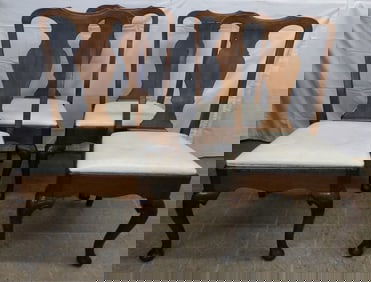 Set Four Antique Mahogany Queen Anne Dining Chairs With Leather Seats