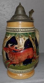 German Deer Hunting Scene Porcelain Beer Stein With Pewter Top