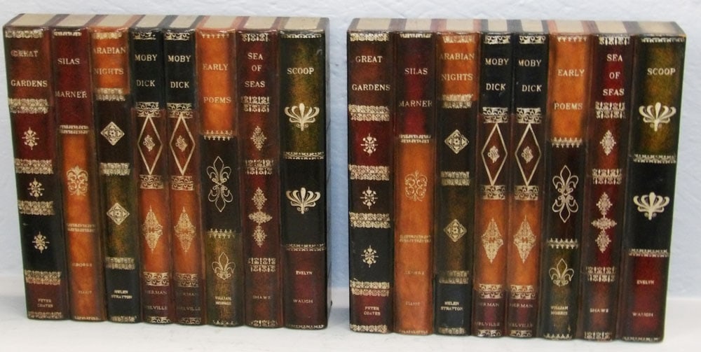 Pair of Faux Leather Book Paint Decorated Shelf Décor Panels Attributed to Maitland Smith (1 of 4)
