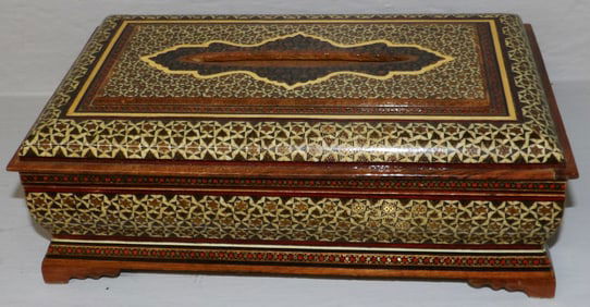 Intricate Khatam Persian Micro Mosaic Inlaid Lift Top Wood Box