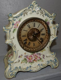 Antique Painted Porcelain Ansonia Shelf Clock