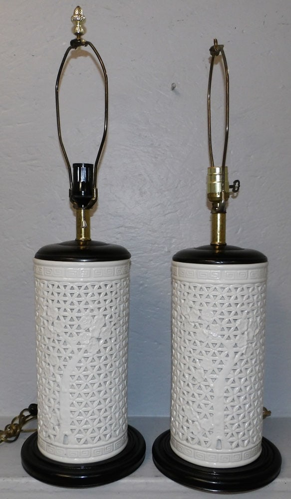 Pair Oriental Porcelain Blanc De Chine Cherry Blossom Tree Motif Lamps (1 of 3)