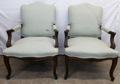Pair Antique Carved Walnut Upholstered Fauteuils