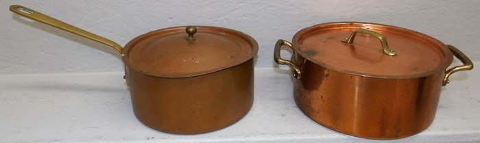 Two Copper Lidded Pots - One is French