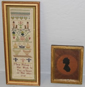 Framed Small Sampler Dated 1739 & Miniature Silhouette