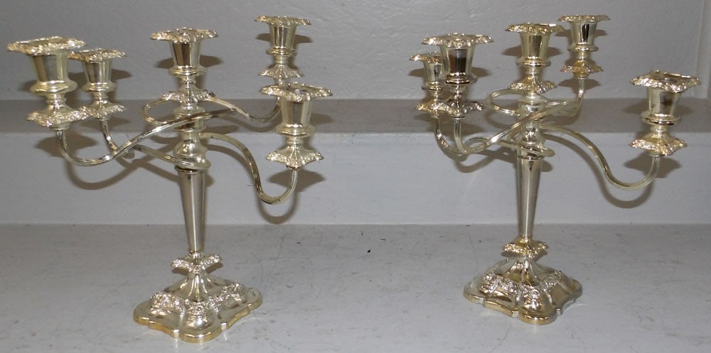 Pair Five Light Silver Plated Candelabras: Pair Five Light Silver Plated Candelabras. 13 1/2" H 14 1/4" Dia ALL DESCRIPTIONS AND ANY CONDITION STATEMENT GIVEN BY LANGSTON AUCTION GALLERY ARE STRICTLY OPINIONS AND LANGSTON'S SHALL HAVE NO RESPO