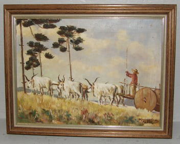 Framed Oil On Canvas of Longhorn Oxen Pulling a Cart - Artist Signed