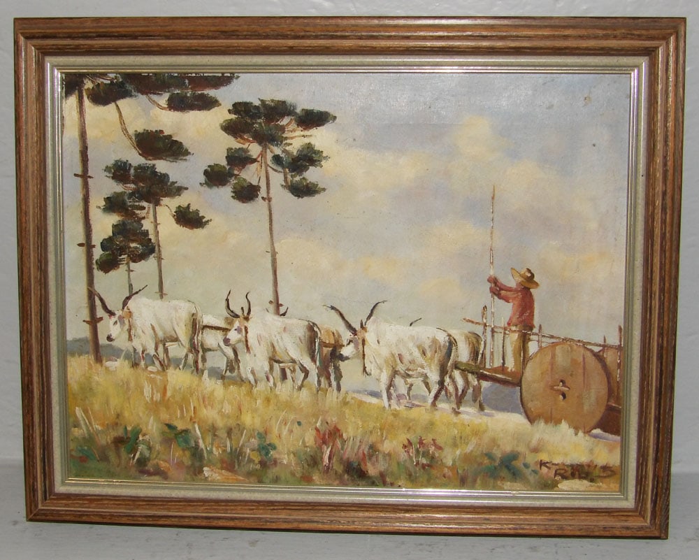 Framed Oil On Canvas of Longhorn Oxen Pulling a Cart - Artist Signed (1 of 5)