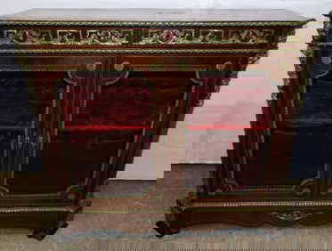 Walnut Inlay French Glass Door Cabinet With Brass Ormolu