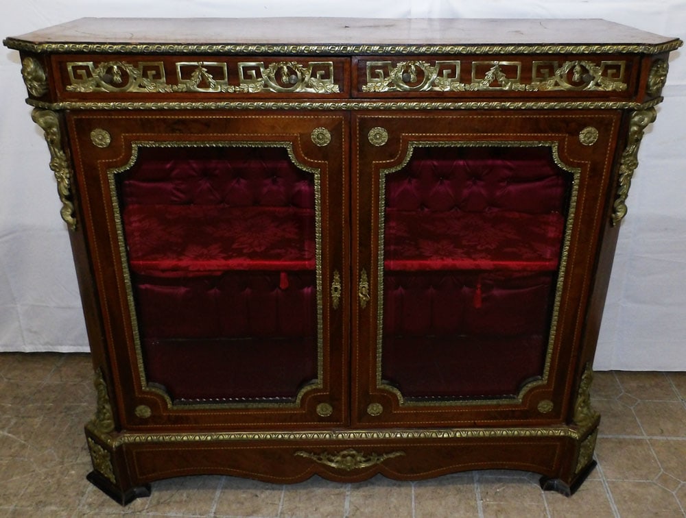 Walnut Inlay French Glass Door Cabinet With Brass Ormolu: Walnut Inlay French Glass Door Cabinet With Brass Ormolu. 40 1/4" H 47 1/2" W 17 1/4" D ALL DESCRIPTIONS AND ANY CONDITION STATEMENT GIVEN BY LANGSTON AUCTION GALLERY ARE STRICTLY OPINIONS AND LANGSTO