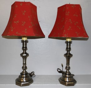 Pair Polished Metal Candlestick Lamps With Dragonfly Shades