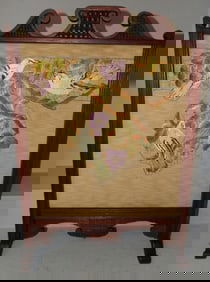 Antique Walnut Fire Screen With Bird Motif Embroidery