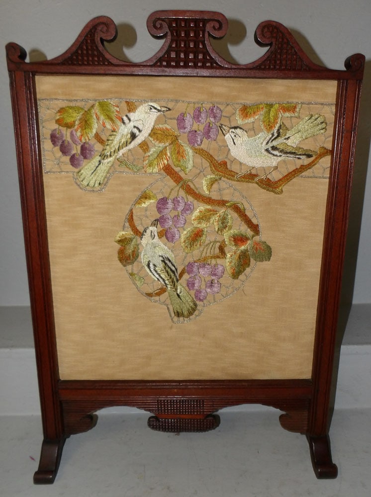 Antique Walnut Fire Screen With Bird Motif Embroidery (1 of 6)