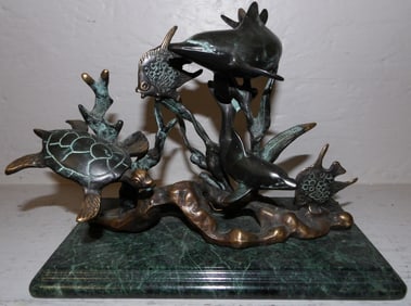 Bronze Sculpture Of Sea Life On Marble Base