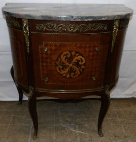 French Marble Top Rosewood Inlay Demilune Two Drawer Commode With Bronze Ormolu