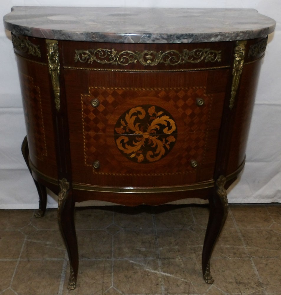 French Marble Top Rosewood Inlay Demilune Two Drawer Commode With Bronze Ormolu (1 of 6)