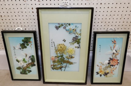 Set Three Framed Oriental Mother Of Pearl Panels