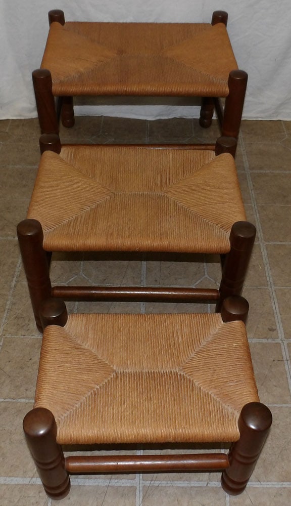 Set Three Walnut Rush Top Nesting Stools (1 of 6)