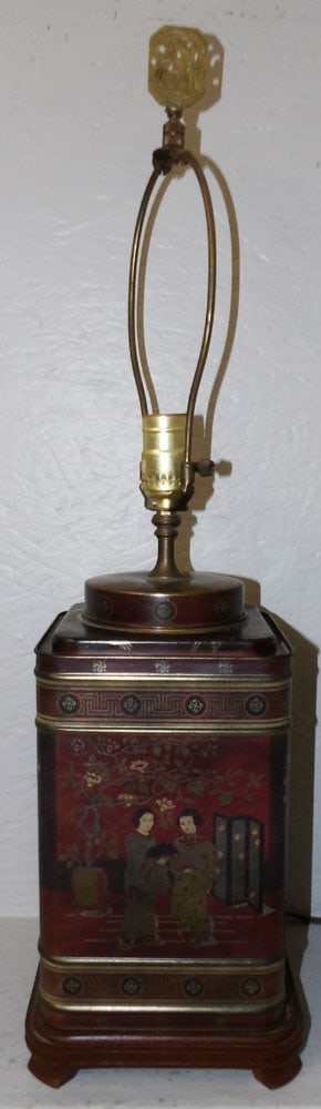 Heyward House Oriental Tea Canister Lamp: Heyward House Oriental Tea Canister Lamp. 27" H 6 3/4" W 6 1/2" D ALL DESCRIPTIONS AND ANY CONDITION STATEMENT GIVEN BY LANGSTON AUCTION GALLERY ARE STRICTLY OPINIONS AND LANGSTON'S SHALL HAVE NO RESP
