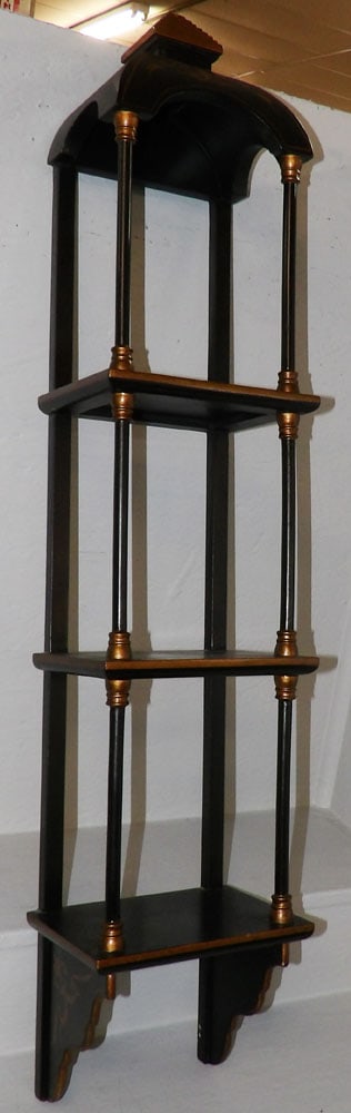 Black Lacquered Hanging Shelf By Chelsea House: Black Lacquered Hanging Shelf By Chelsea House. 46" H 9 1/2" W 7 1/2" D ALL DESCRIPTIONS AND ANY CONDITION STATEMENT GIVEN BY LANGSTON AUCTION GALLERY ARE STRICTLY OPINIONS AND LANGSTON'S SHALL HAVE N