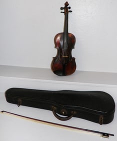 Antique Flamed Back German Violin Labeled Copy of Jacobus Stainer & Name Branded on Back with Case &