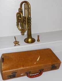 Early Vintage Brass Olds Ambassador Cornet with Original Mouthpiece, Music Holder, & Case