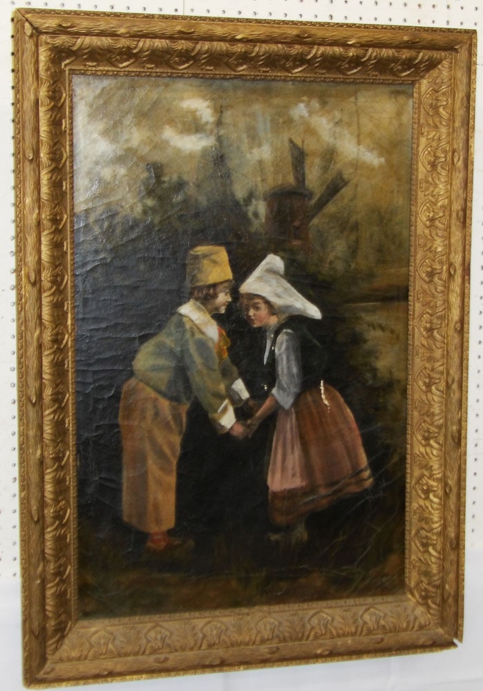 Antique Framed Oil On Canvas Dutch Children Playing: Antique Framed Oil On Canvas Dutch Children Playing. 40 1/2" X 28 3/4" ALL DESCRIPTIONS AND ANY CONDITION STATEMENT GIVEN BY LANGSTON AUCTION GALLERY ARE STRICTLY OPINIONS AND LANGSTON'S SHALL HAVE NO