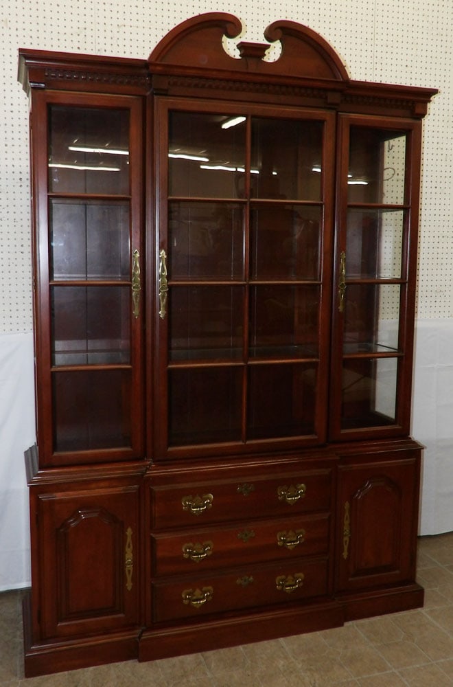 Solid Cherry Two Part Lighted Break Front With Glass Shelves (1 of 8)