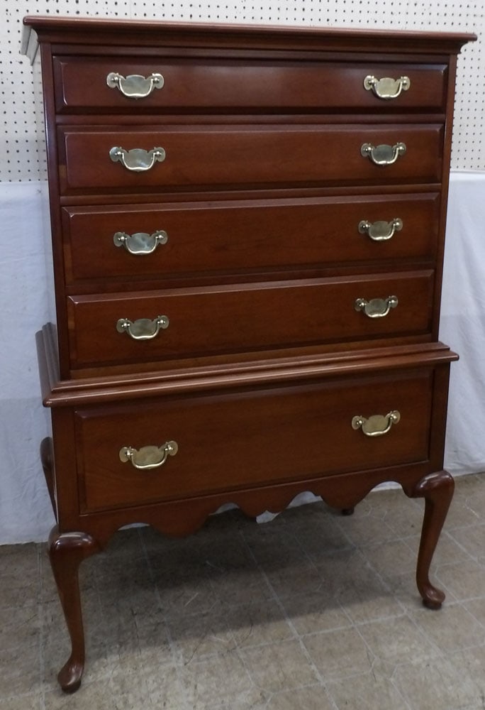 Cherry Queen Anne Five Drawer Chest On Stand Signed Wallace Nutting By Drexel: Cherry Queen Anne Five Drawer Chest On Stand Signed Wallace Nutting By Drexel. 56" H 39" W 21 D ALL DESCRIPTIONS AND ANY CONDITION STATEMENT GIVEN BY LANGSTON AUCTION GALLERY ARE STRICTLY OPINIONS AND
