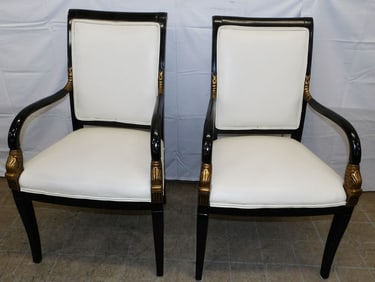 Pair Black Lacquered Gilt Decorated Dolphin Arm Chairs