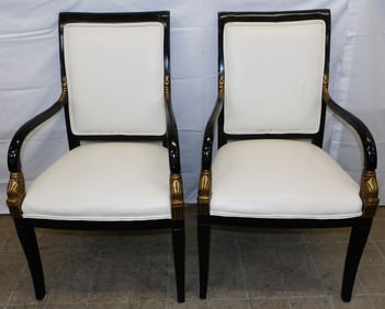 Pair Black Lacquered Gilt Decorated Dolphin Arm Chairs