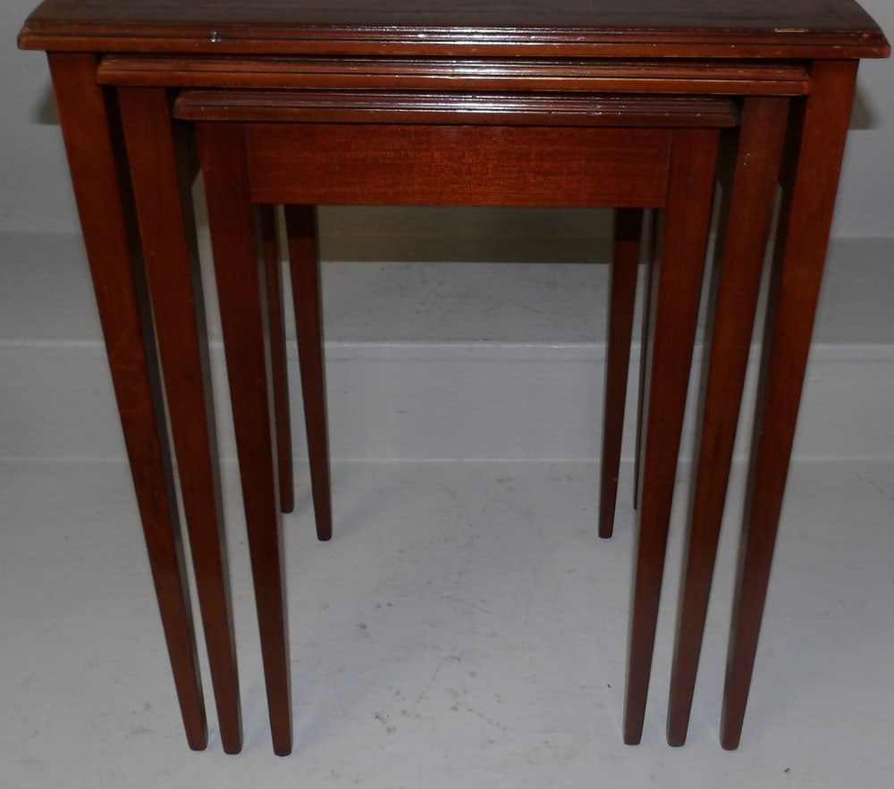 Set Three Mahogany Tooled Leather Top Nesting Tables (1 of 4)