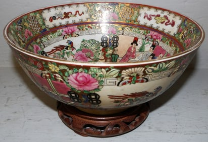 Oriental Porcelain Bowl On Teak Wood Stand