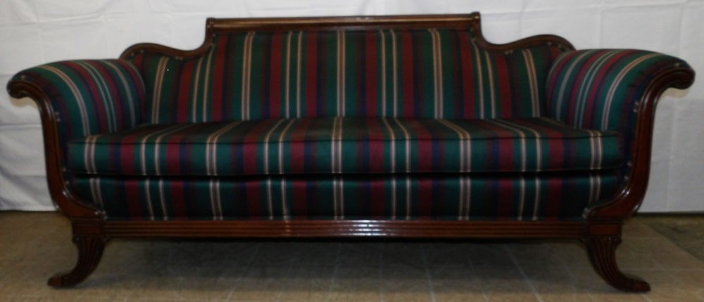Mahogany Upholstered Duncan Phyfe Sofa: Mahogany Upholstered Duncan Phyfe Sofa. 34" H 76 1/4" W 32" D ALL DESCRIPTIONS AND ANY CONDITION STATEMENT GIVEN BY LANGSTON AUCTION GALLERY ARE STRICTLY OPINIONS AND LANGSTON'S SHALL HAVE NO RESPONSI
