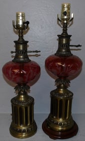 Pair Ruby Cut To Clear Lamps