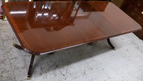 Mahogany Banded Top Two Pedestal Dining Table - Two Leaves