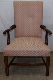 Mahogany Upholstered Chinese Chippendale Arm Chair