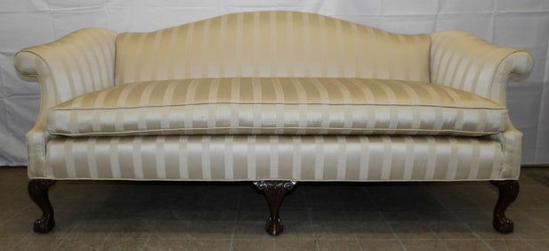 Mahogany Upholstered Camel Back Sofa With Ball & Claw Feet